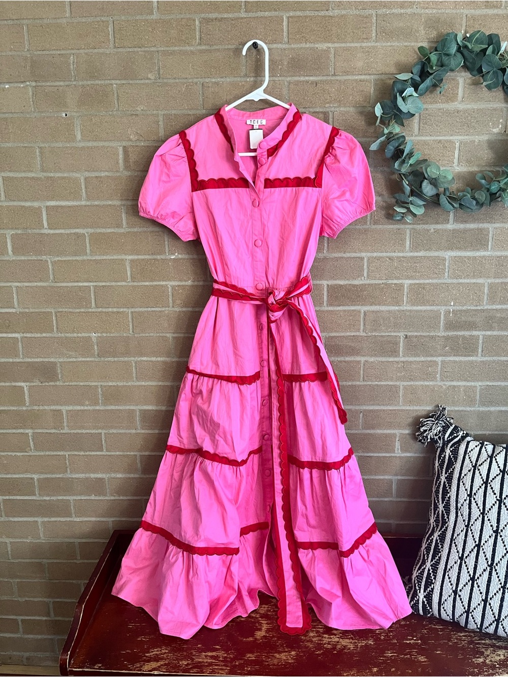 TCEC Pink Maxi Dress with Red Scallop Trim